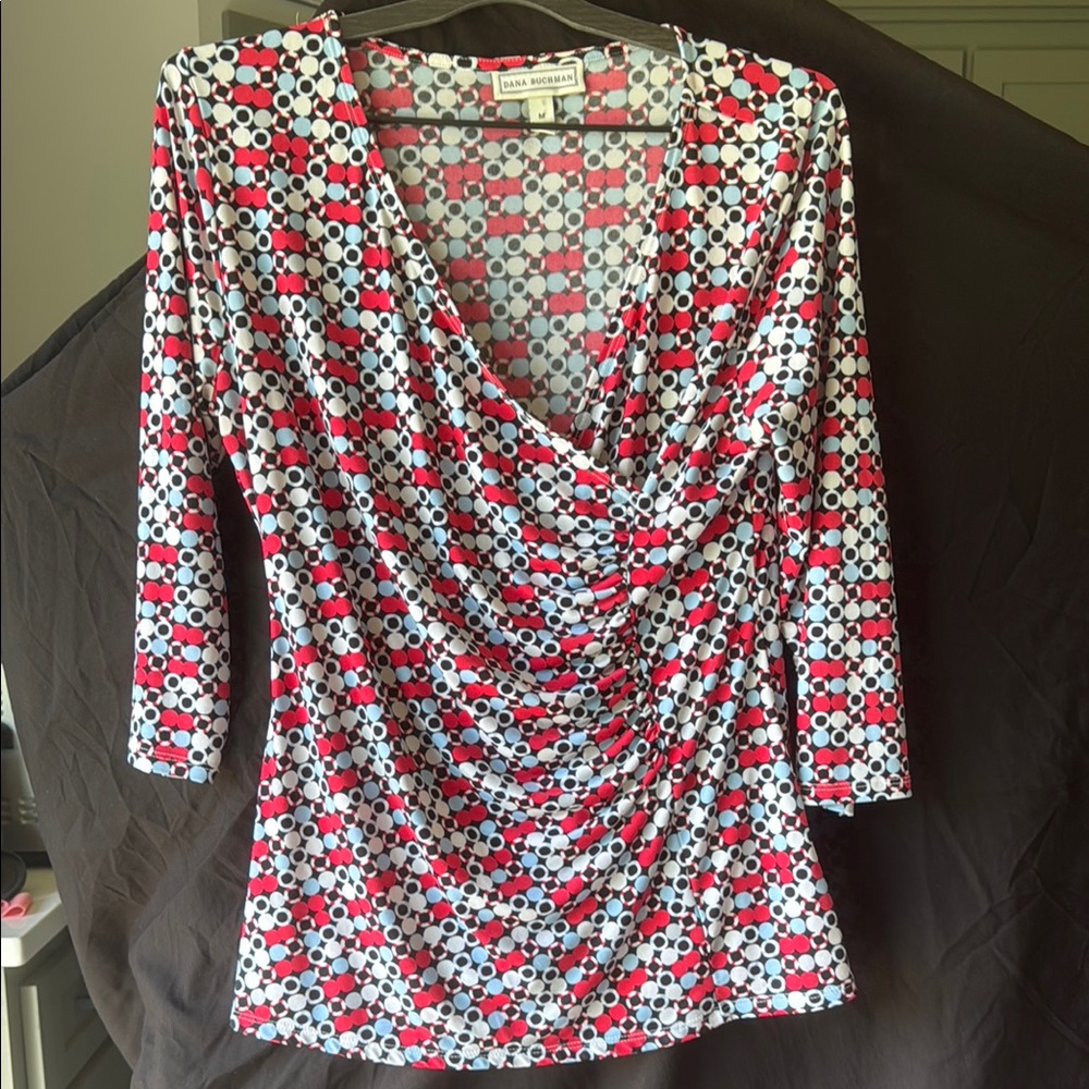 Dana Buchman White and Red Ruched Wrap Blouse